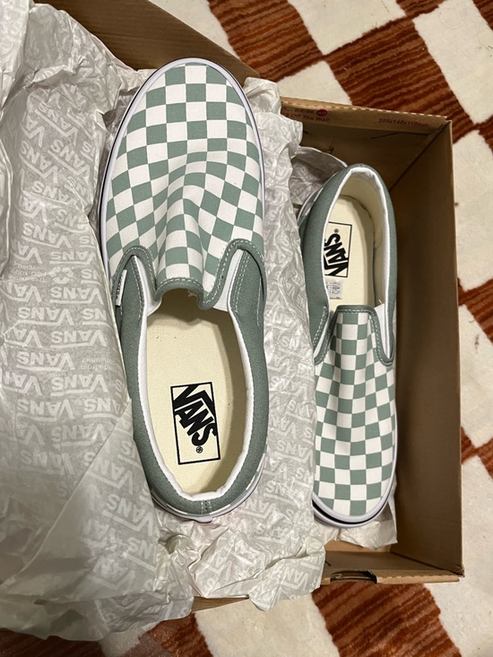 Vans Shoes - Vans Checkerboard Slip-On Sneakers in Sage Green and White